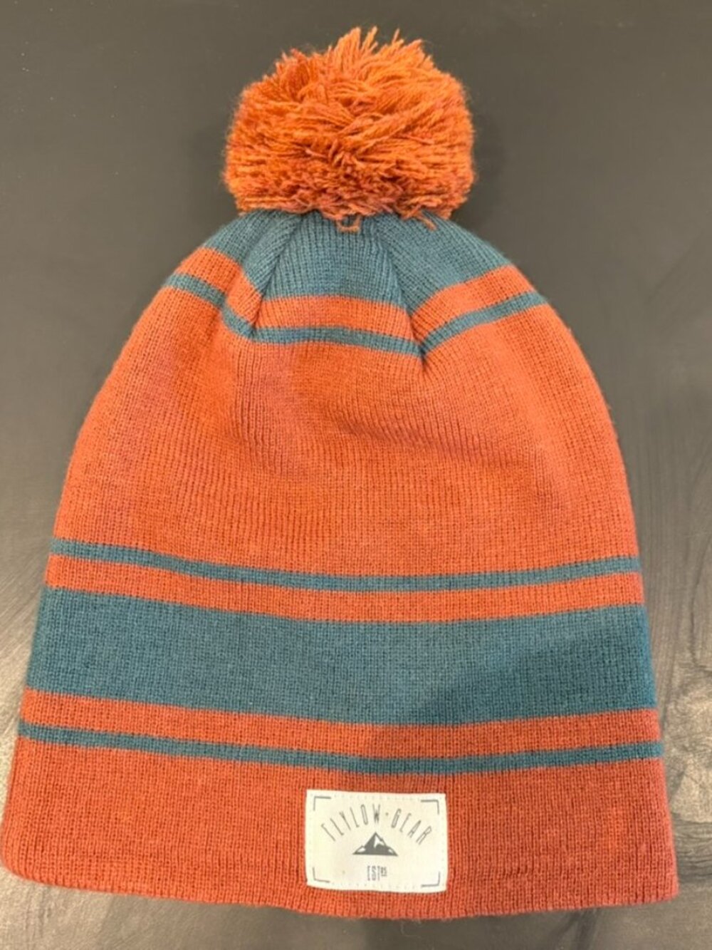 Flylow Gear Pom Beanie Hat Orange Teal Striped Winter Ski Snowboard Cap Knit